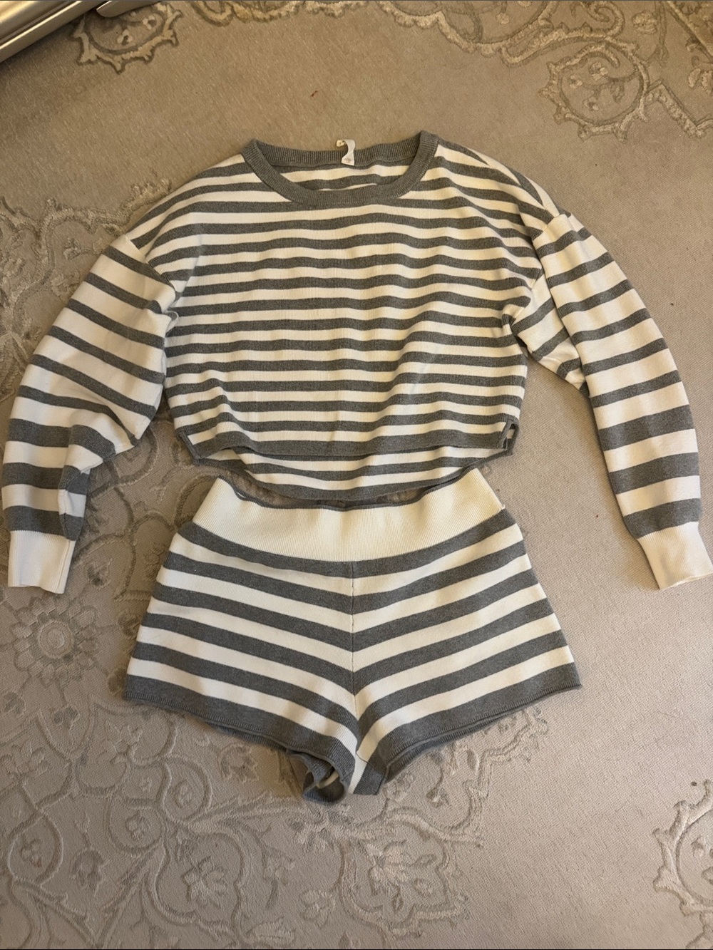Girls Striped Gray and White Two-Piece Pajama Set